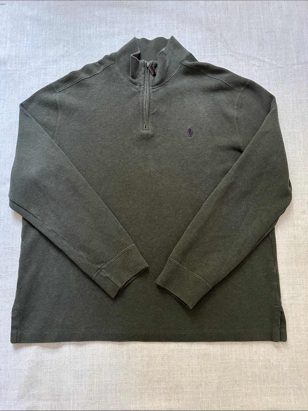Vintage Ralph Lauren Army Green Half-Zip Sweater Cotton Purple Pony Men's Large